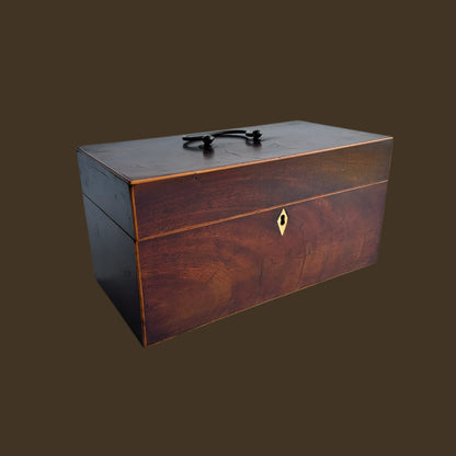 19th Century English Mahogany Tea Caddy with Brass Handle and Bone Keyhole