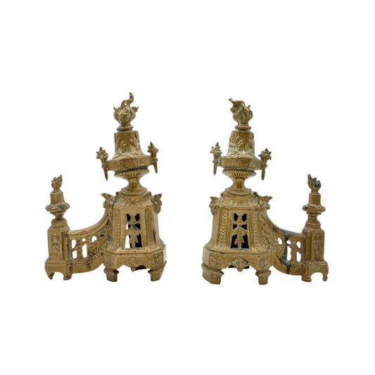 Antique Neoclassical Louis XVI-Style Brass Andirons with Urn and Flame Finials, Pair of Antique Brass Fireplace Fire Dogs