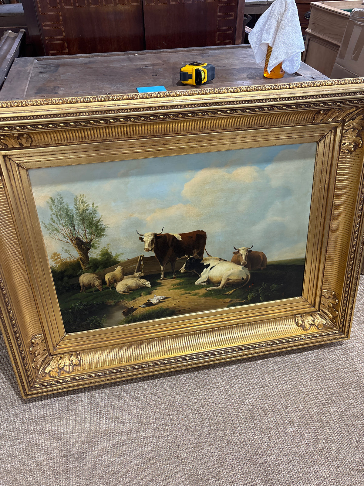 Antique Signed Dutch Oil Painting of Cows and Sheep in Meadow
