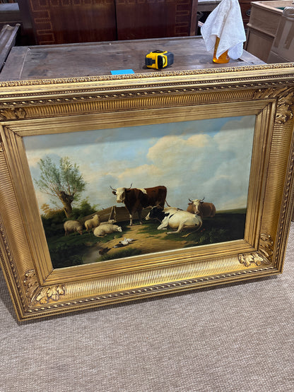 Antique Signed Dutch Oil Painting of Cows and Sheep in Meadow
