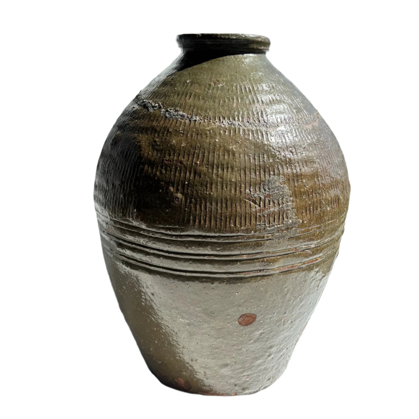 Vintage Chinese Stoneware Oil Jar with Ash Glaze, Rustic Pottery Vessel, 14.25 Inches