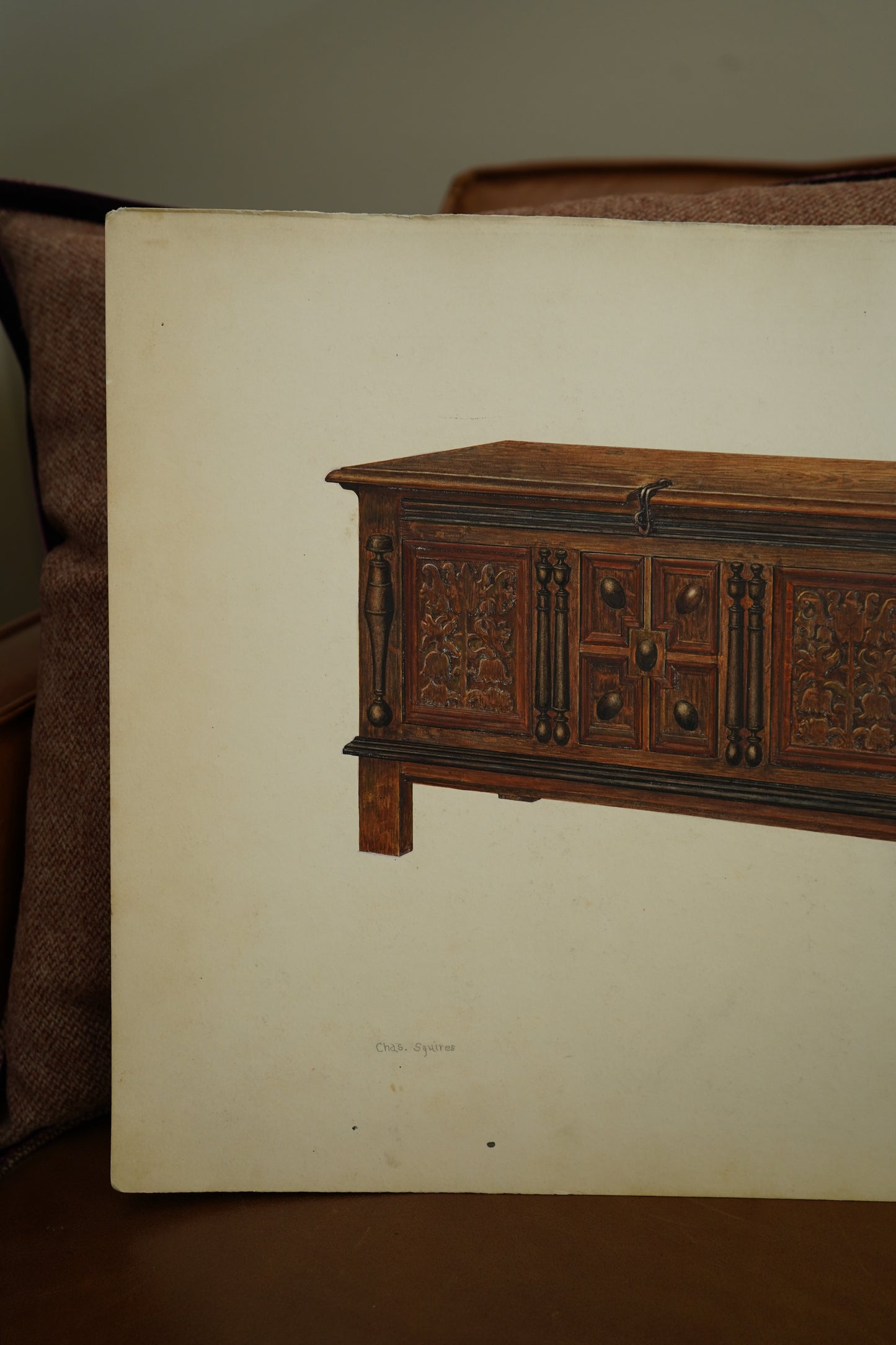 Antique Furniture Illustration – Colored Pencil Rendering of a Jacobean Oak Chest by Chas. Squires, c.