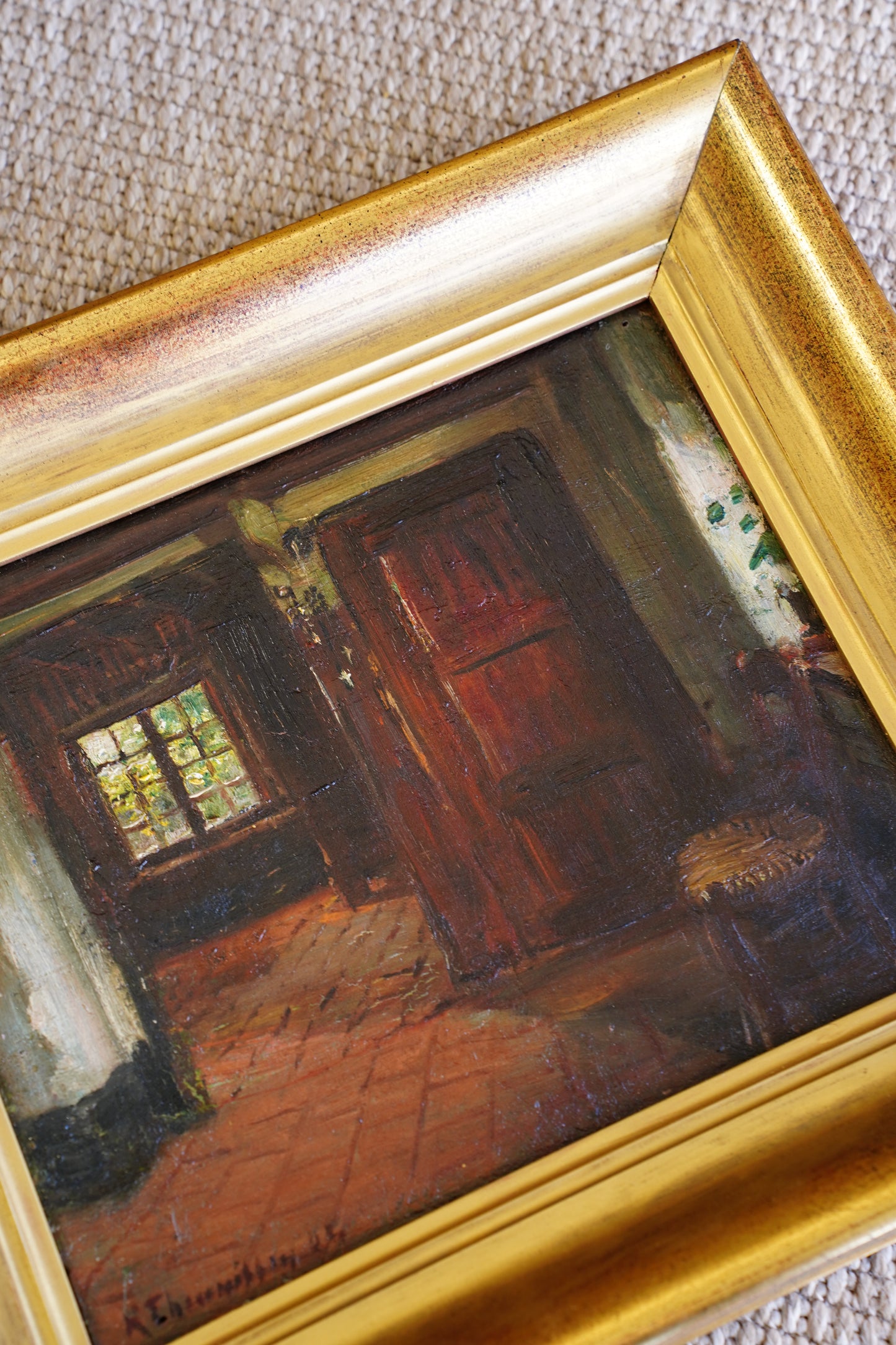 Antique Belgian Interior Oil Painting, Signed