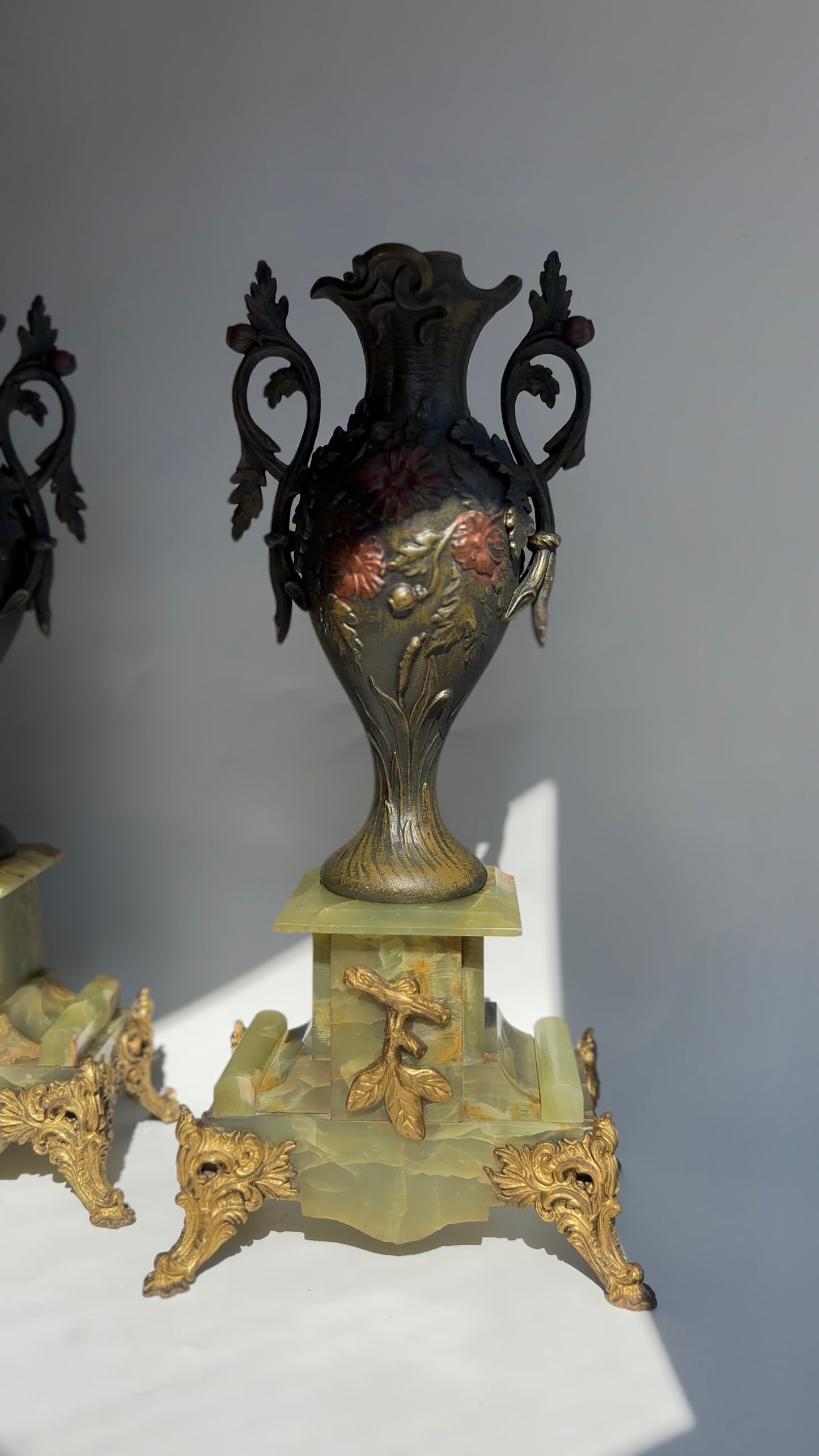 Pair of Antique French Neoclassical Spelter and Onyx Urns with Gilt Brass Accents