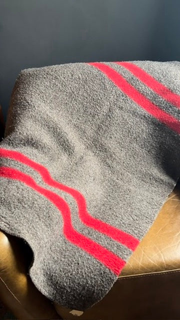 Mid-Century Wool Camp Blanket by Baron Woolen Mills in Grey with Red Stripes