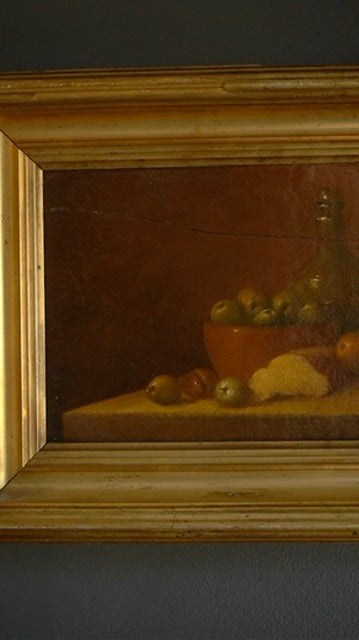 “The Bowl of Apples” by Nicholas Marsh, dated 1958 | English Still Life Oil on Panel in Antique Gilt Frame