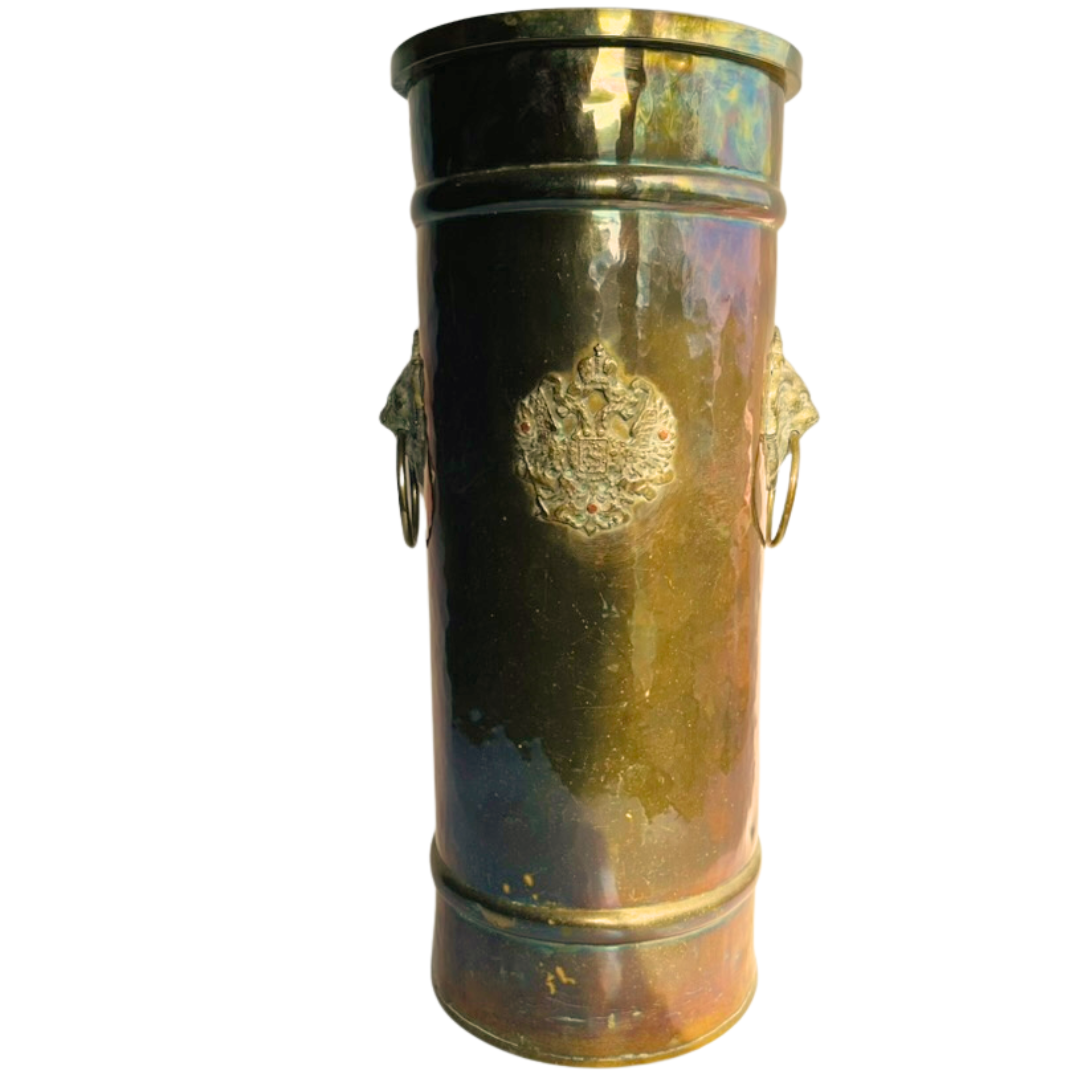 Antique Austro-Hungarian Brass Umbrella Stand with Double-Headed Eagle Emblem, Circa 1900