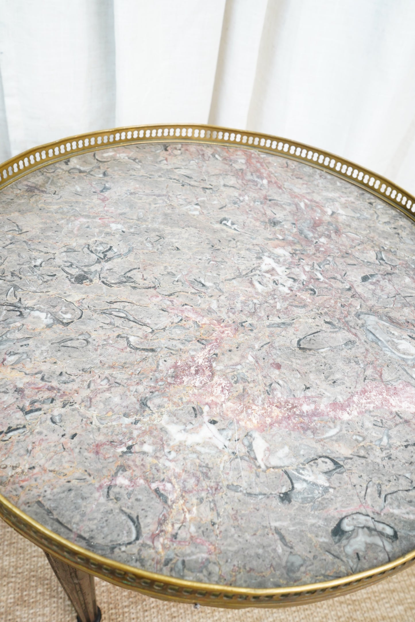 Antique French Louis XVI-Style Guéridon Table with Marble Top and Brass Gallery