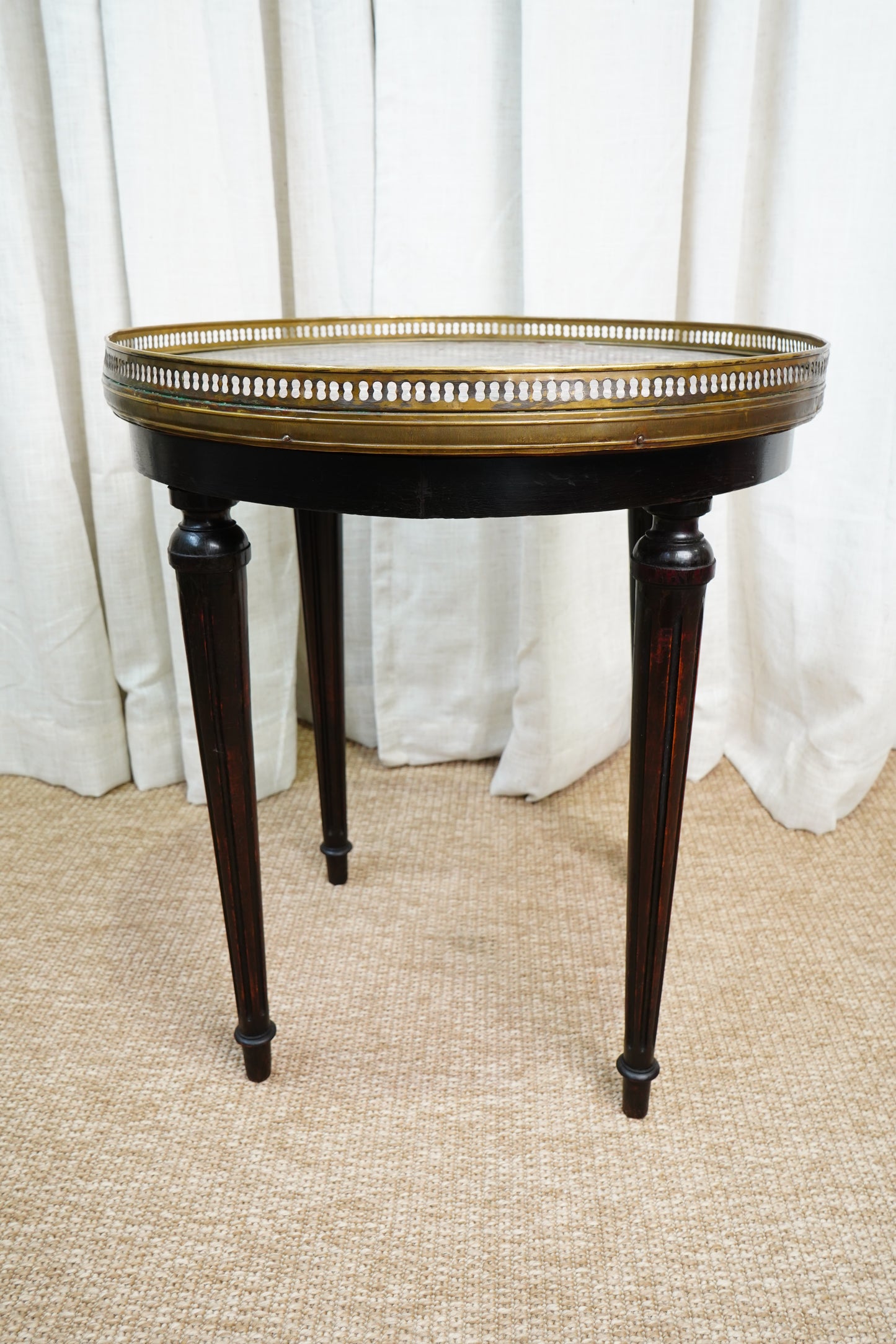 Antique French Louis XVI-Style Guéridon Table with Marble Top and Brass Gallery