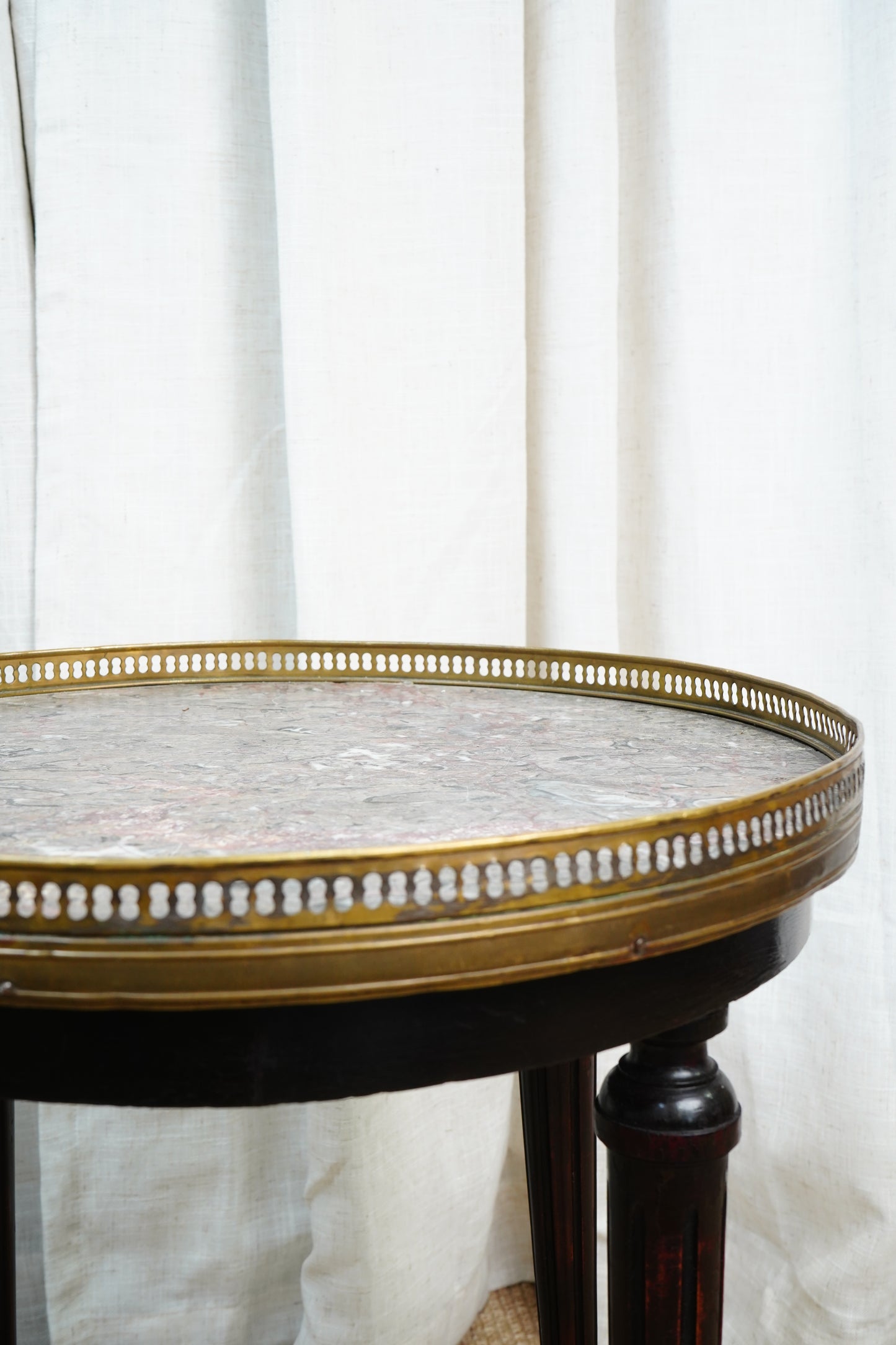 Antique French Louis XVI-Style Guéridon Table with Marble Top and Brass Gallery