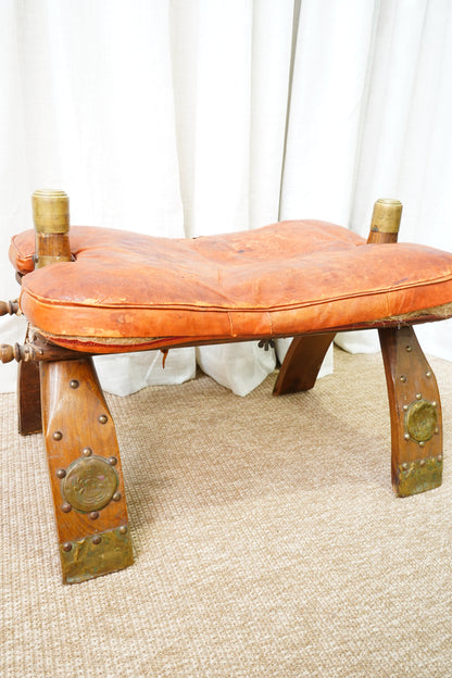 Vintage Middle Eastern Camel Saddle Stool with Embossed Leather Cushion & Brass Accents (c. 1950s)