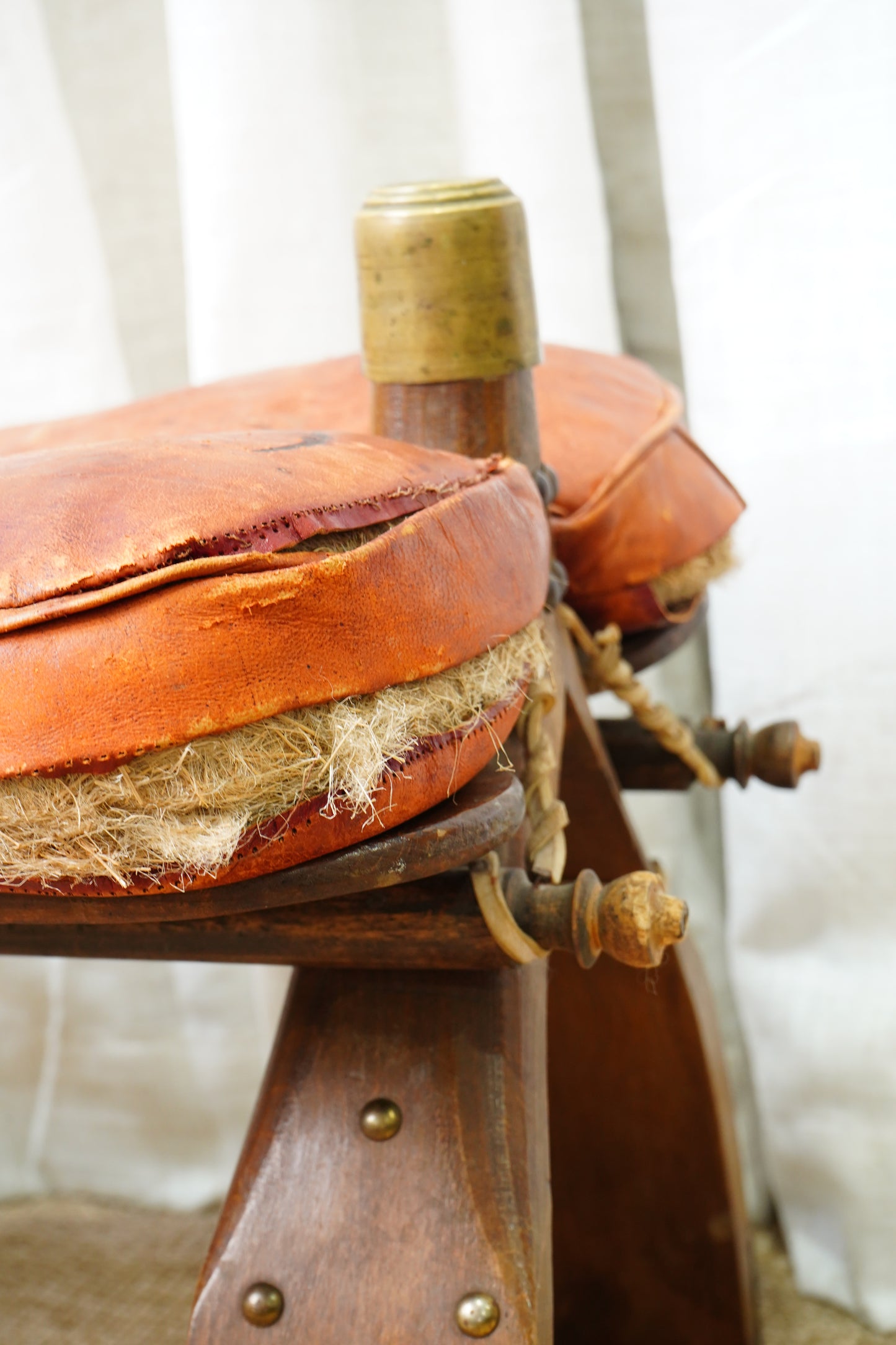 Vintage Middle Eastern Camel Saddle Stool with Embossed Leather Cushion & Brass Accents (c. 1950s)