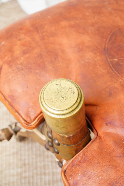 Vintage Middle Eastern Camel Saddle Stool with Embossed Leather Cushion & Brass Accents (c. 1950s)