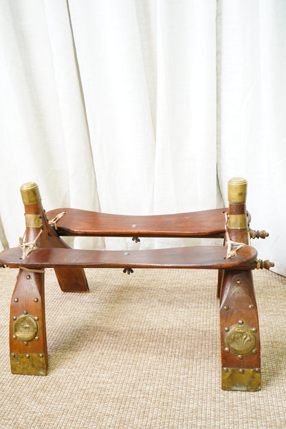 Vintage Middle Eastern Camel Saddle Stool with Embossed Leather Cushion & Brass Accents (c. 1950s)