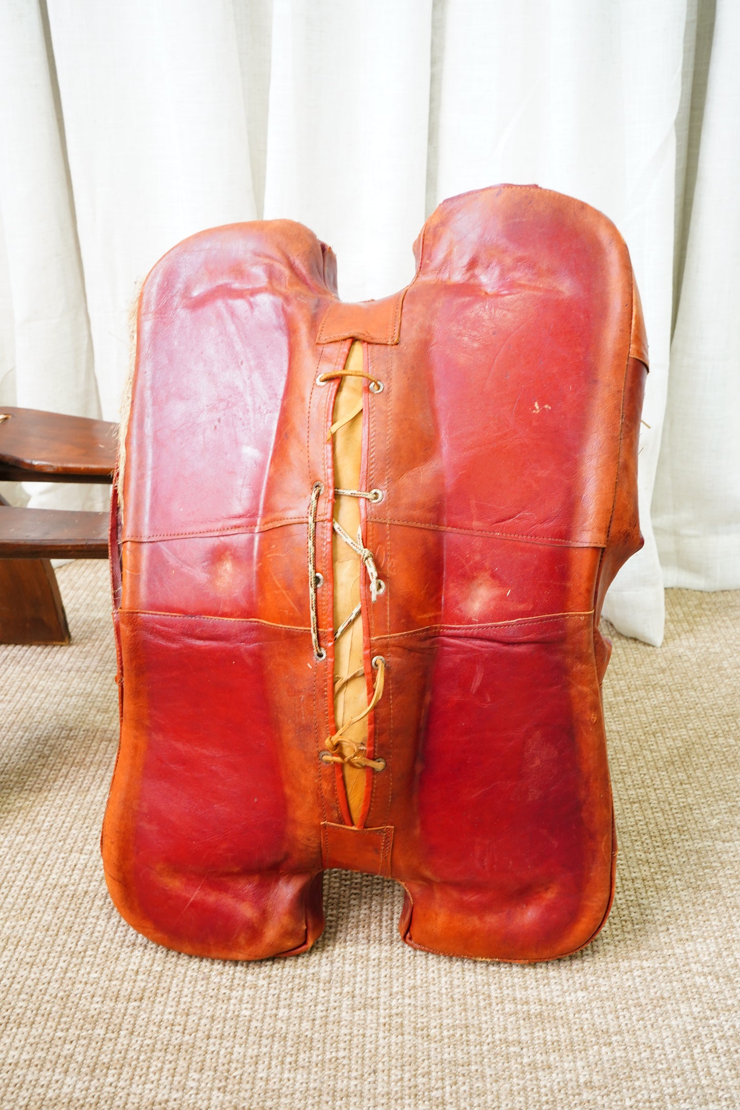 Vintage Middle Eastern Camel Saddle Stool with Embossed Leather Cushion & Brass Accents (c. 1950s)