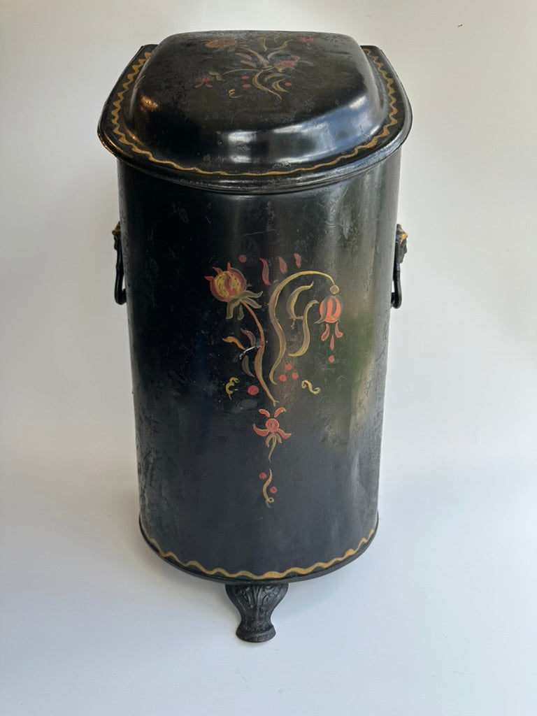 Antique European Hand‑Painted Tole Coal Scuttle | Victorian Fireplace Bucket, c.1880