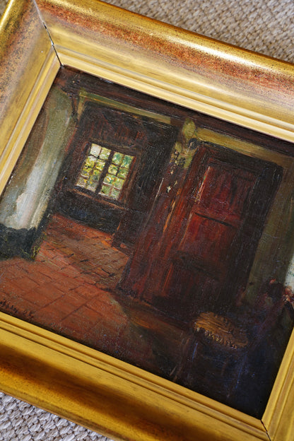 Antique Belgian Interior Oil Painting, Signed