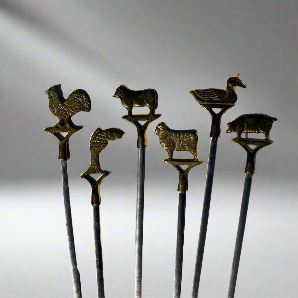 Mid-Century Brass Animal Meat Markers – Set of 6 Carving Skewers