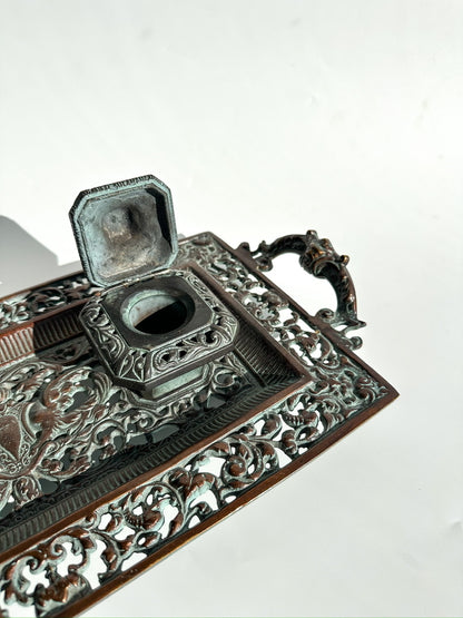 Ornate Cast Bronze Double Inkwell