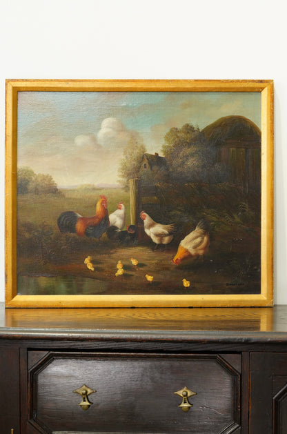 Signed Chicken Oil Painting Farmyard Rooster and Hens