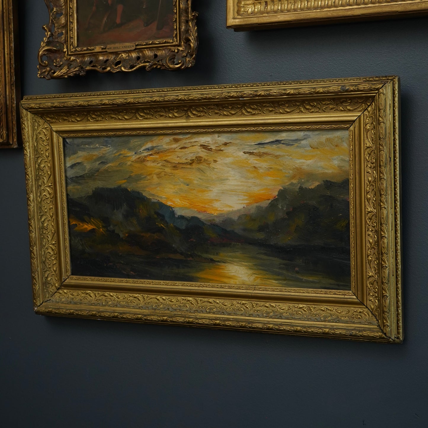 Early 20th Century Impressionist Oil Painting | Sunset Over River Valley in Gilt Frame