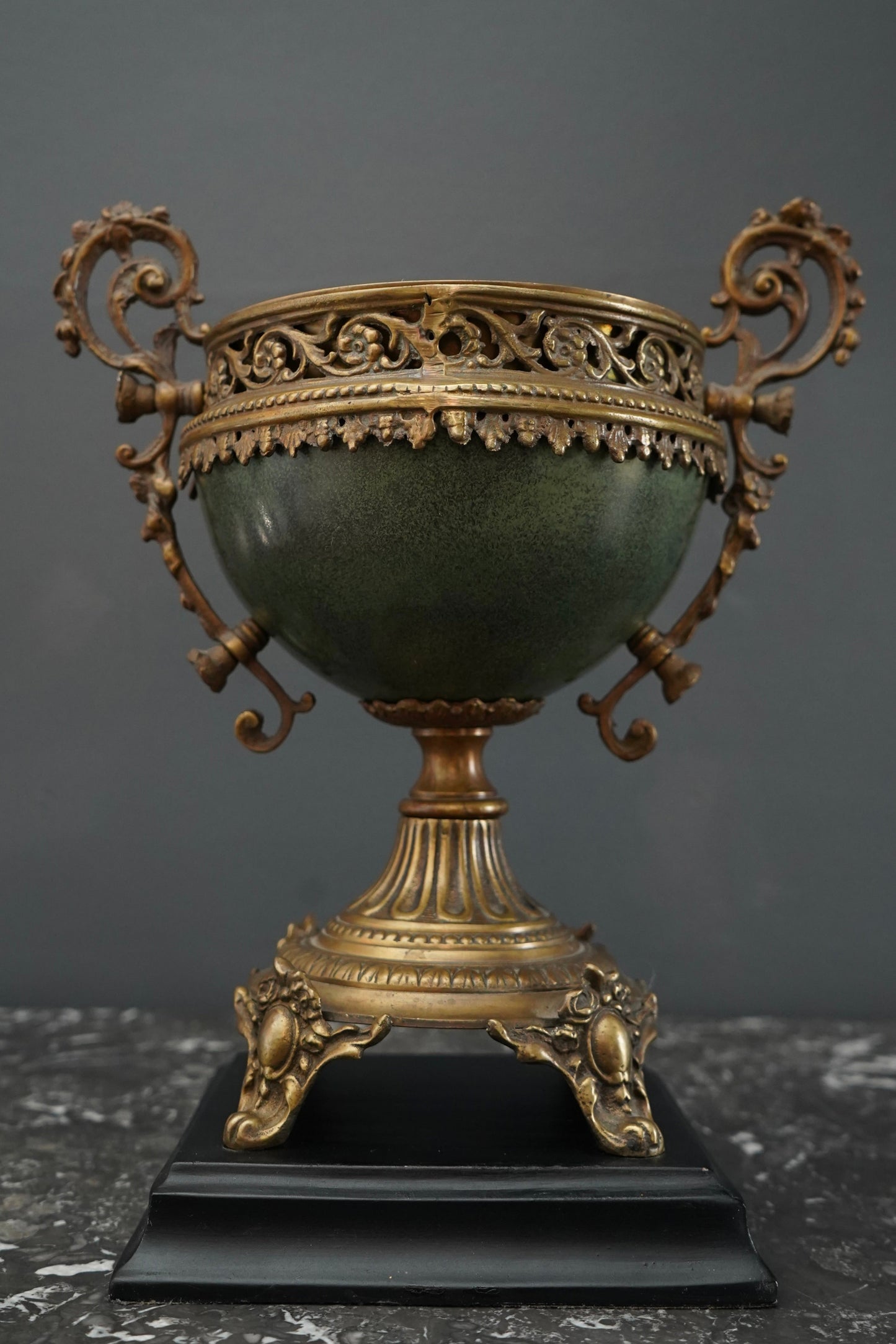 Vintage Neoclassical Decorative Urn with Faux Malachite Bowl and Gilt Metal Mounts