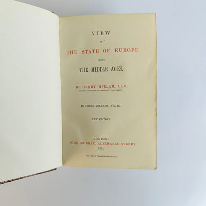 3 Vols, 1878 "View of the State of Europe During the Middle Ages" Half Leather Books