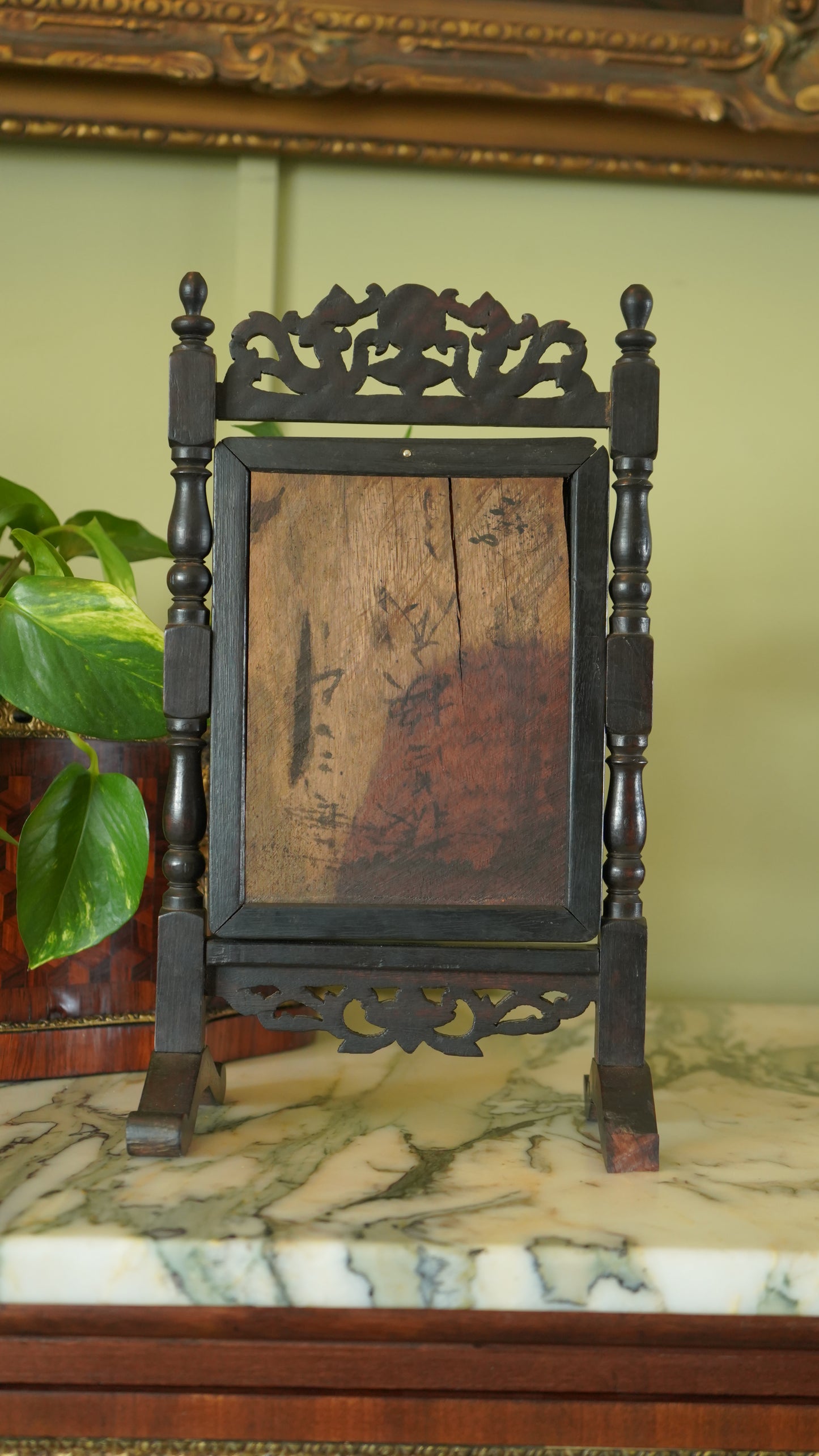 Antique Ebonized Wood & Mother-of-Pearl Vanity Tabletop Mirror