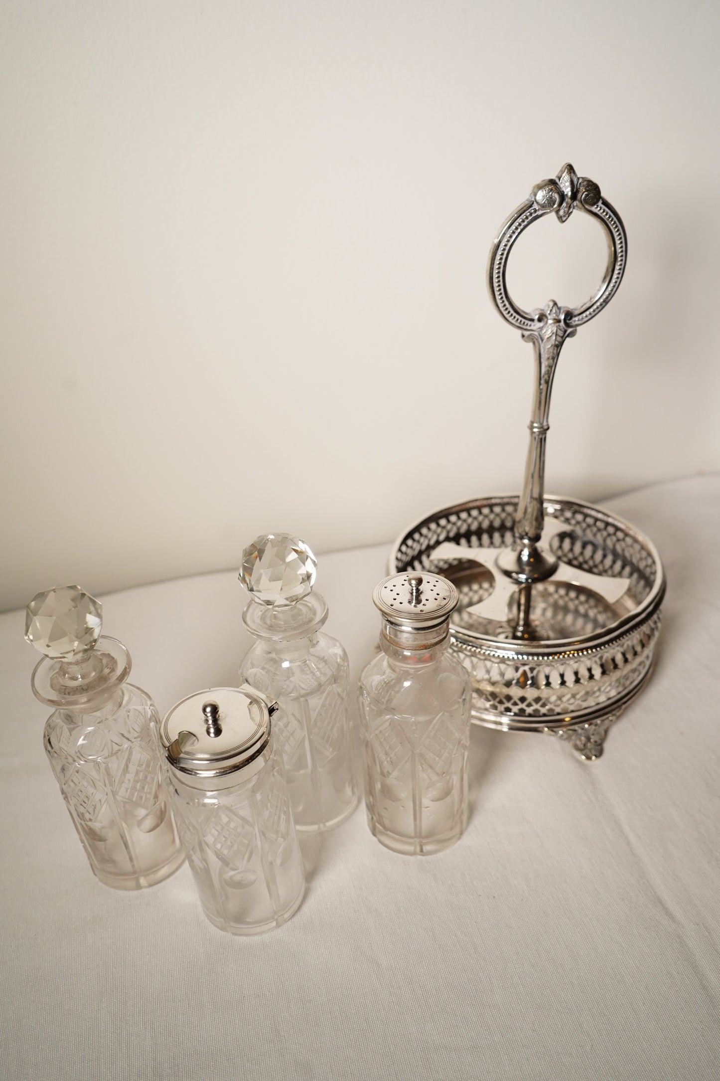 Antique Victorian Silver Plated Cruet Set with Four Cut Glass Bottles, English, c. 1880–1910