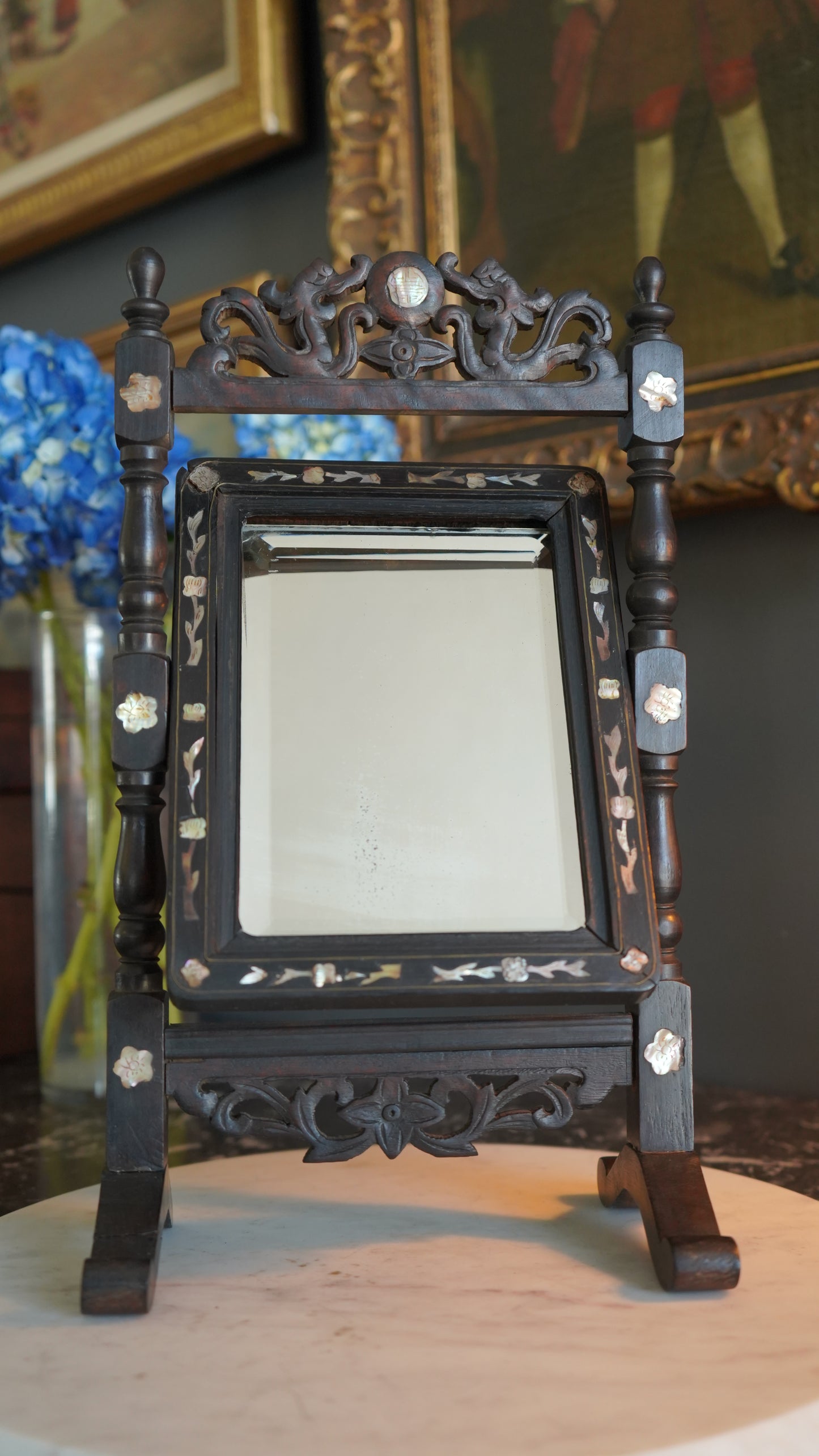 Antique Ebonized Wood & Mother-of-Pearl Vanity Tabletop Mirror