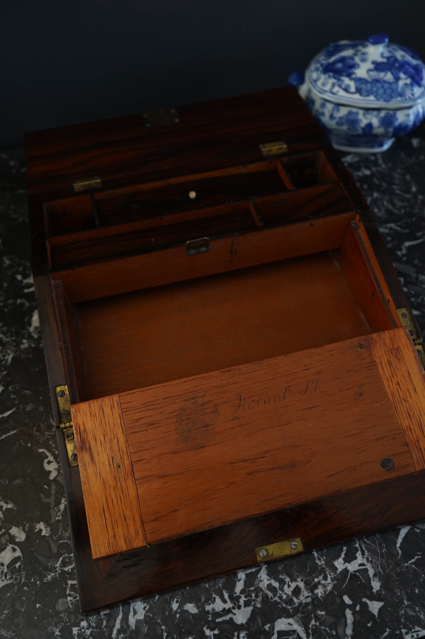 Antique Rosewood Writing Slope with Velvet Writing Surface and Inscriptions, Mid-19th Century