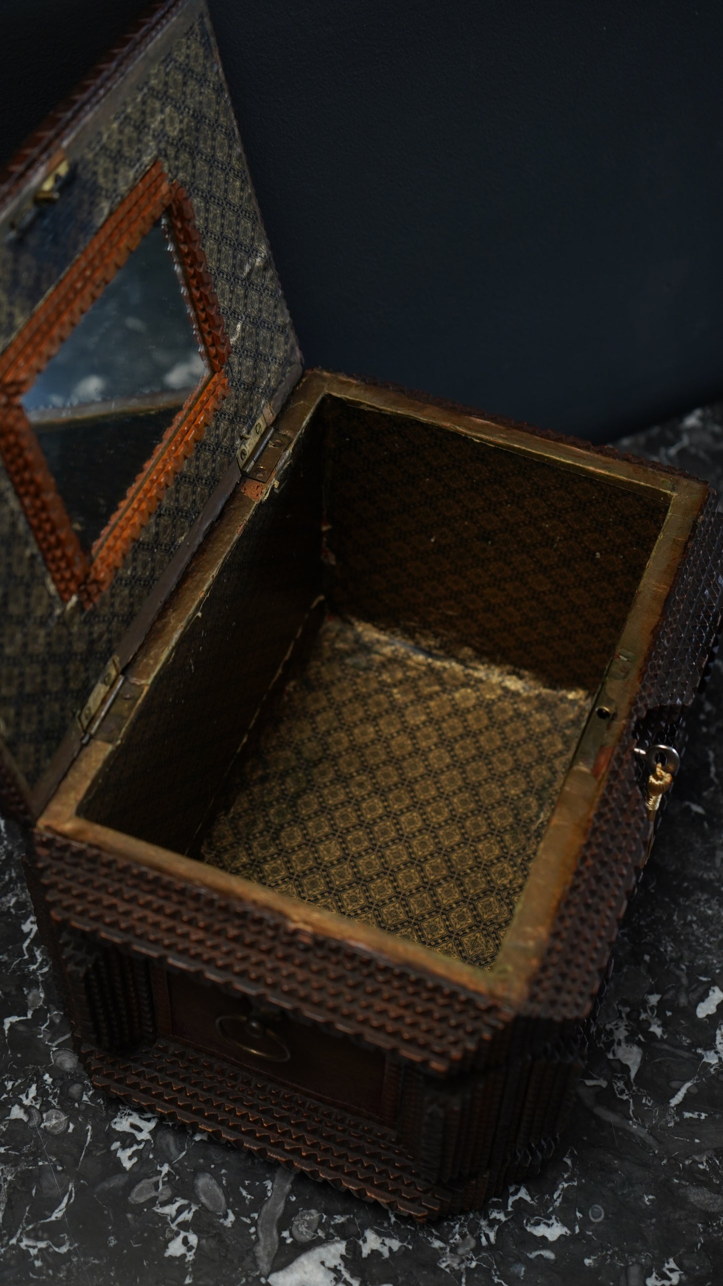 Antique Tramp Art Sewing Box with Drawers and Mirror, Hand-Carved Folk Art Keepsake Chest, Late 19th Century