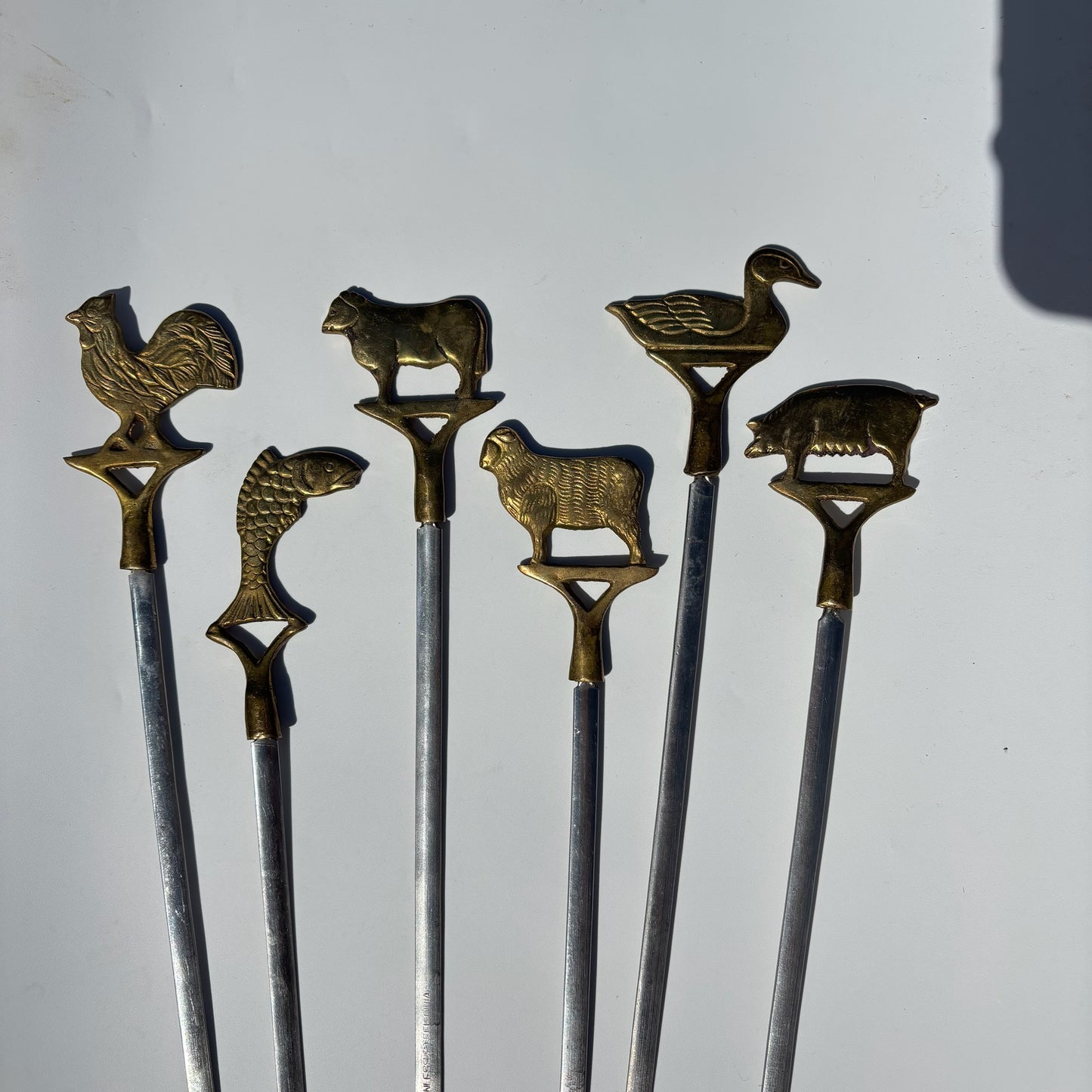 Mid-Century Brass Animal Meat Markers – Set of 6 Carving Skewers