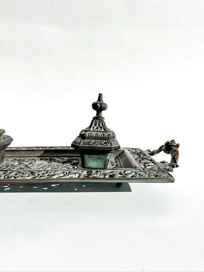 Ornate Cast Bronze Double Inkwell