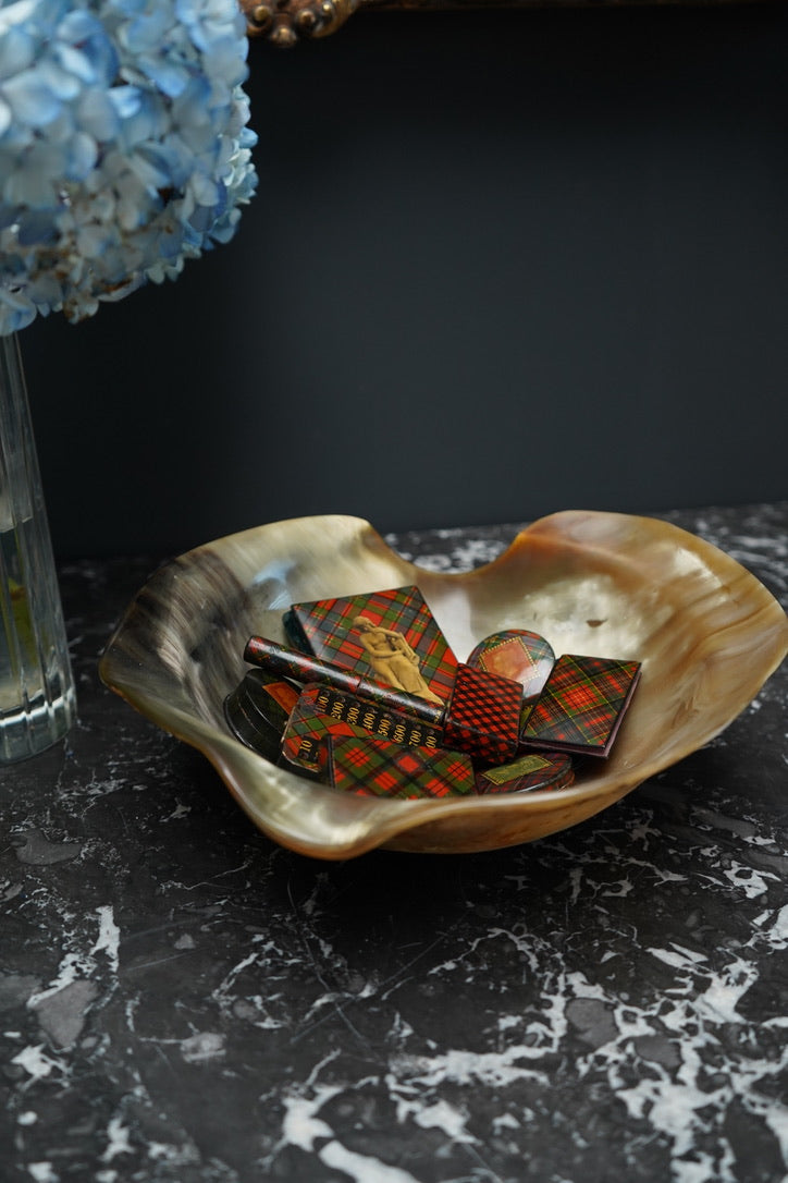 Antique Hand-Carved Horn Bowl | Natural Polished Horn Decorative Vessel