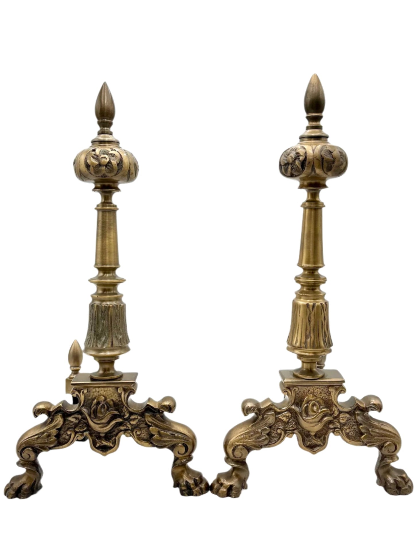 Pair of Late Victorian-Era Brass & Iron Andirons, Rococo Revival Style