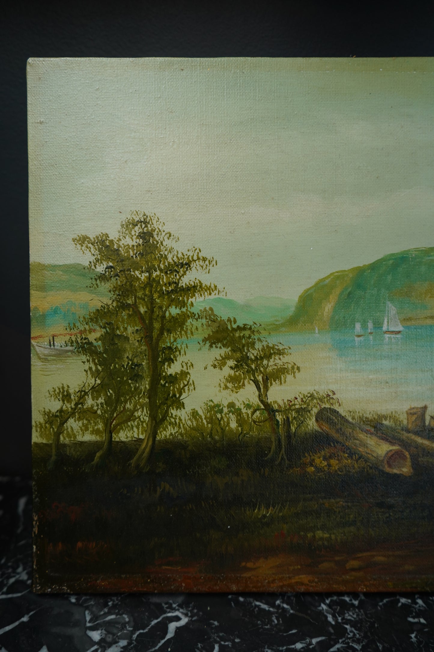Vintage Hudson River School Style Oil on Canvas Landscape with Sailboats, Mid 20th Century Unframed