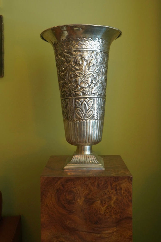 Large Pair of Vintage Silver Plated Repousse Urns