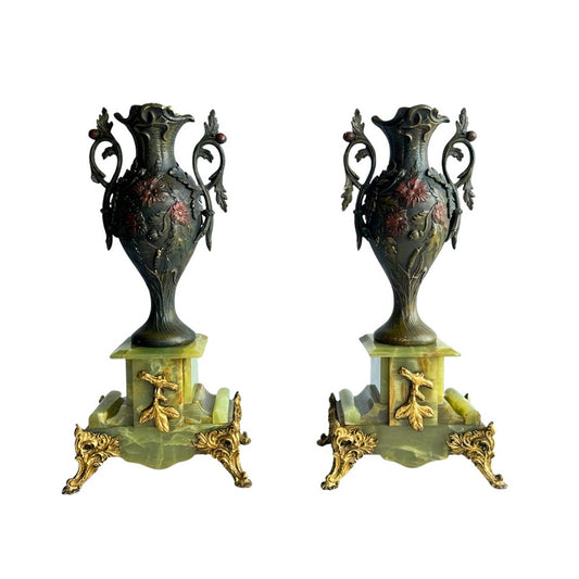 Pair of Antique French Neoclassical Spelter and Onyx Urns with Gilt Brass Accents