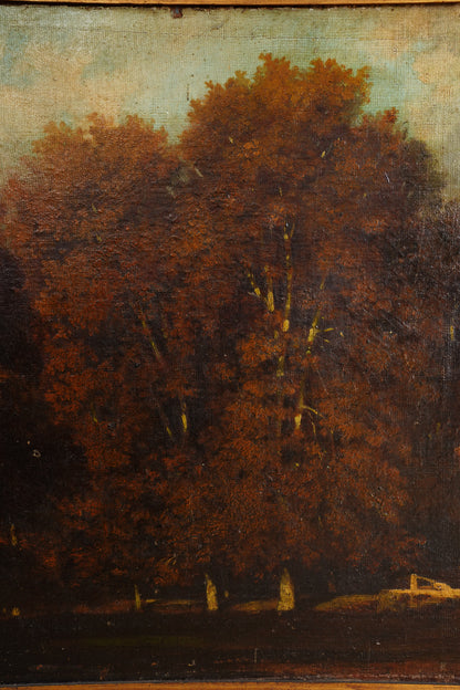 Antique French Oil Painting Autumn Woodland Landscape, Circa 1870