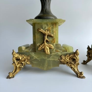 Pair of Antique French Neoclassical Spelter and Onyx Urns with Gilt Brass Accents