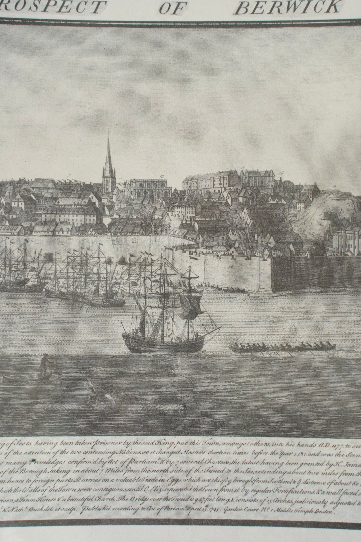 Antique Engraving South Prospect of Berwick Upon Tweed, 1745
