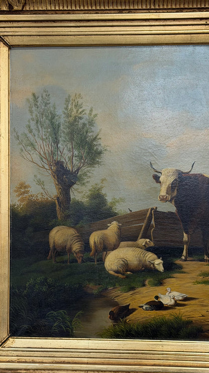 Antique Signed Dutch Oil Painting of Cows and Sheep in Meadow