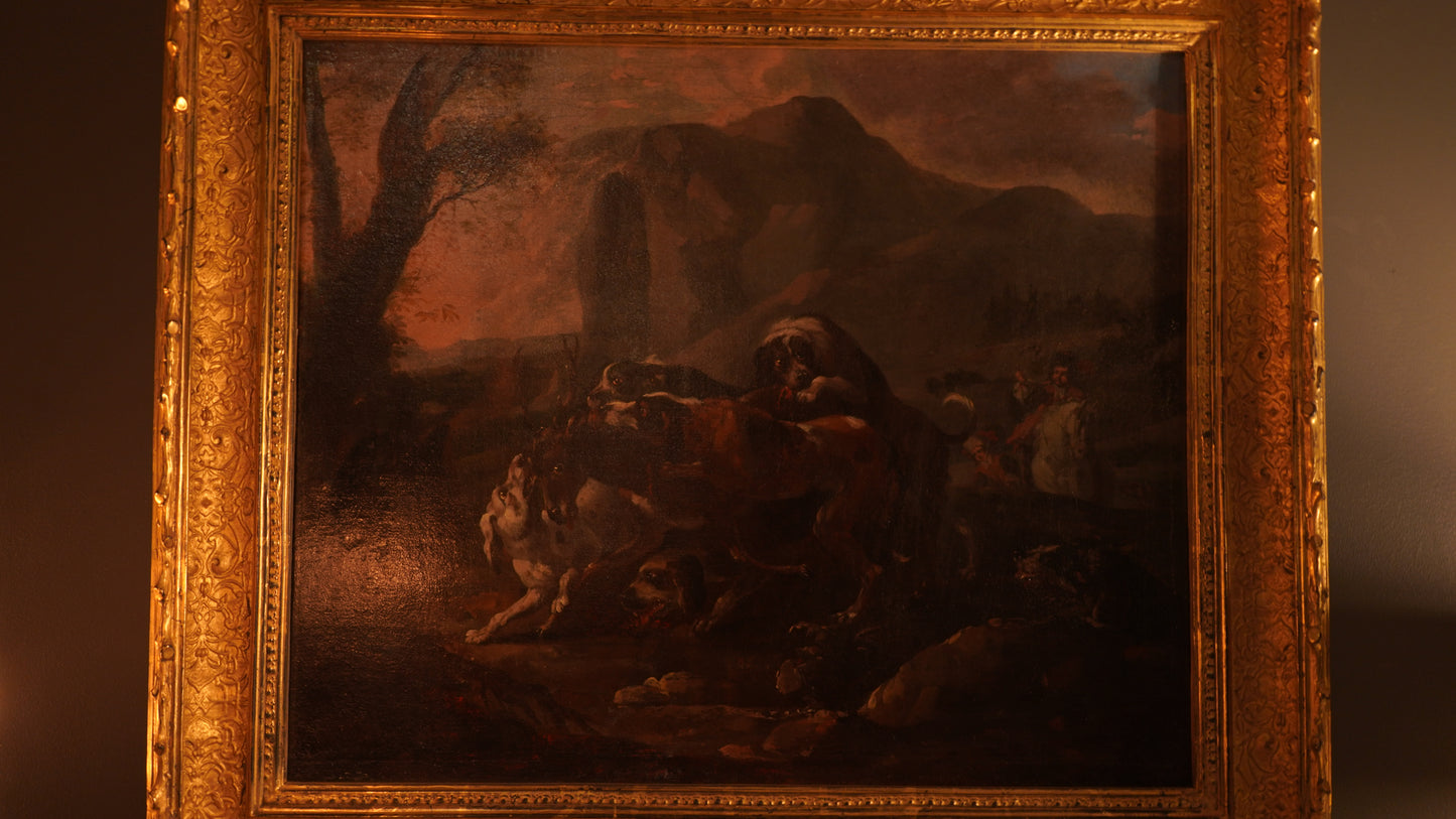 “Hounds Hunting Stag” – 18th Century French Oil Painting Attributed to the Fontainebleau Tradition