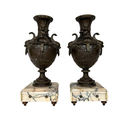 Pair of 19th Century French Napoleon III Style Spelter & Marble Urns