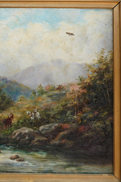 19th Century British River Landscape with Cattle and Drover, Oil on Canvas