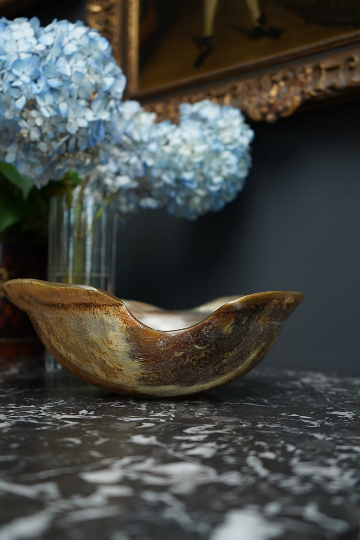 Antique Hand-Carved Horn Bowl | Natural Polished Horn Decorative Vessel