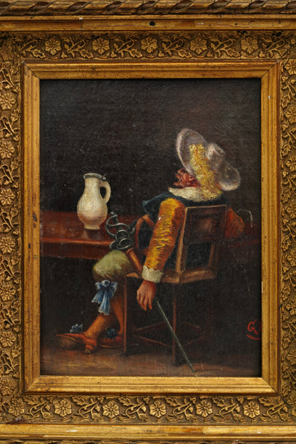 Antique European Cavalier Cabinet Oil Painting