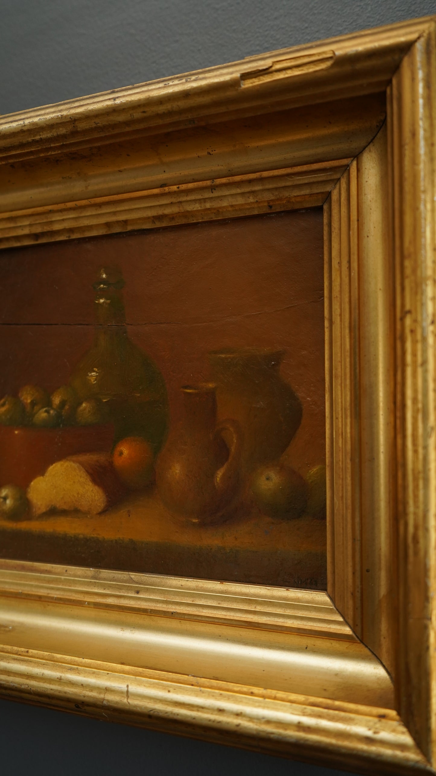 “The Bowl of Apples” by Nicholas Marsh, dated 1958 | English Still Life Oil on Panel in Antique Gilt Frame