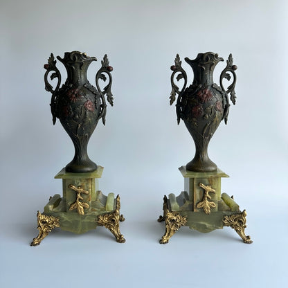 Pair of Antique French Neoclassical Spelter and Onyx Urns with Gilt Brass Accents